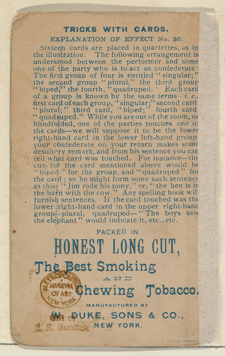 Number 11, Metamorphoses, from the Tricks with Cards series (N138) issued by W. Duke, Sons & Co. to promote Honest Long Cut Tobacco, Issued by W. Duke, Sons &amp; Co. (New York and Durham, N.C.), Commercial color lithograph