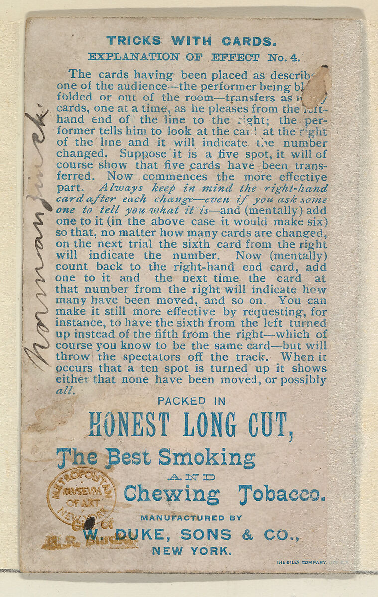 Number 12, Quicker than Thought, from the Tricks with Cards series (N138) issued by W. Duke, Sons & Co. to promote Honest Long Cut Tobacco, Issued by W. Duke, Sons &amp; Co. (New York and Durham, N.C.), Commercial color lithograph