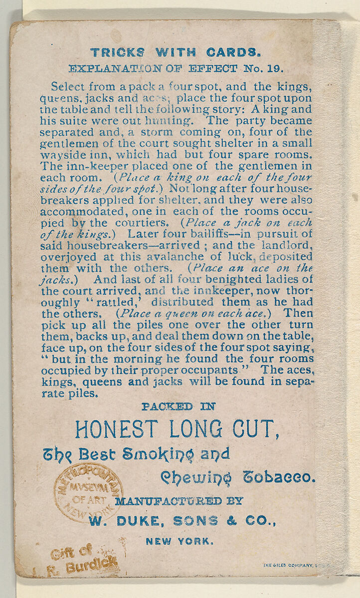 Number 13, Electrified Cards, from the Tricks with Cards series (N138) issued by W. Duke, Sons & Co. to promote Honest Long Cut Tobacco, Issued by W. Duke, Sons &amp; Co. (New York and Durham, N.C.), Commercial color lithograph