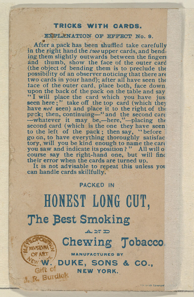 Number 14, Jumping Card, from the Tricks with Cards series (N138) issued by W. Duke, Sons & Co. to promote Honest Long Cut Tobacco, Issued by W. Duke, Sons &amp; Co. (New York and Durham, N.C.), Commercial color lithograph