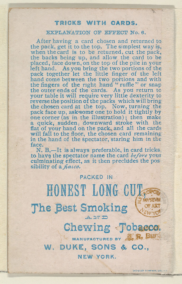 Number 15, Mouchoir du Diable, from the Tricks with Cards series (N138) issued by W. Duke, Sons & Co. to promote Honest Long Cut Tobacco, Issued by W. Duke, Sons &amp; Co. (New York and Durham, N.C.), Commercial color lithograph
