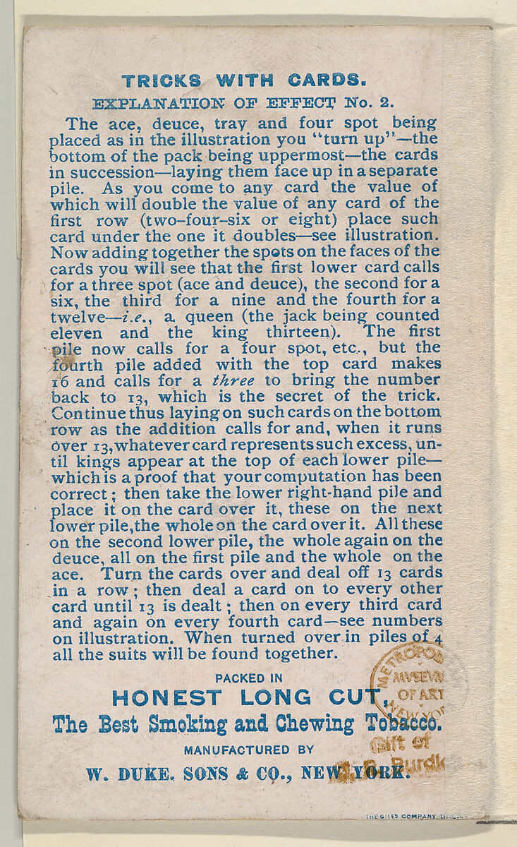 Number 16, Cabalistic Cards, from the Tricks with Cards series (N138) issued by W. Duke, Sons & Co. to promote Honest Long Cut Tobacco, Issued by W. Duke, Sons &amp; Co. (New York and Durham, N.C.), Commercial color lithograph
