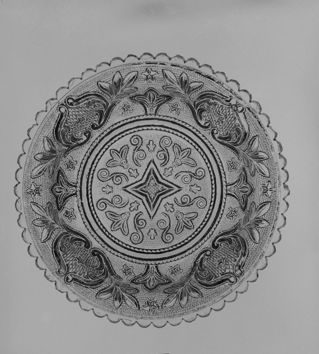 Sauce Dish, Boston &amp; Sandwich Glass Company (American, 1825–1888, Sandwich, Massachusetts), Lacy pressed glass, American 