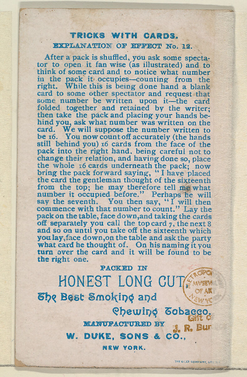 Number 18, Inseparable Couples, from the Tricks with Cards series (N138) issued by W. Duke, Sons & Co. to promote Honest Long Cut Tobacco, Issued by W. Duke, Sons &amp; Co. (New York and Durham, N.C.), Commercial color lithograph