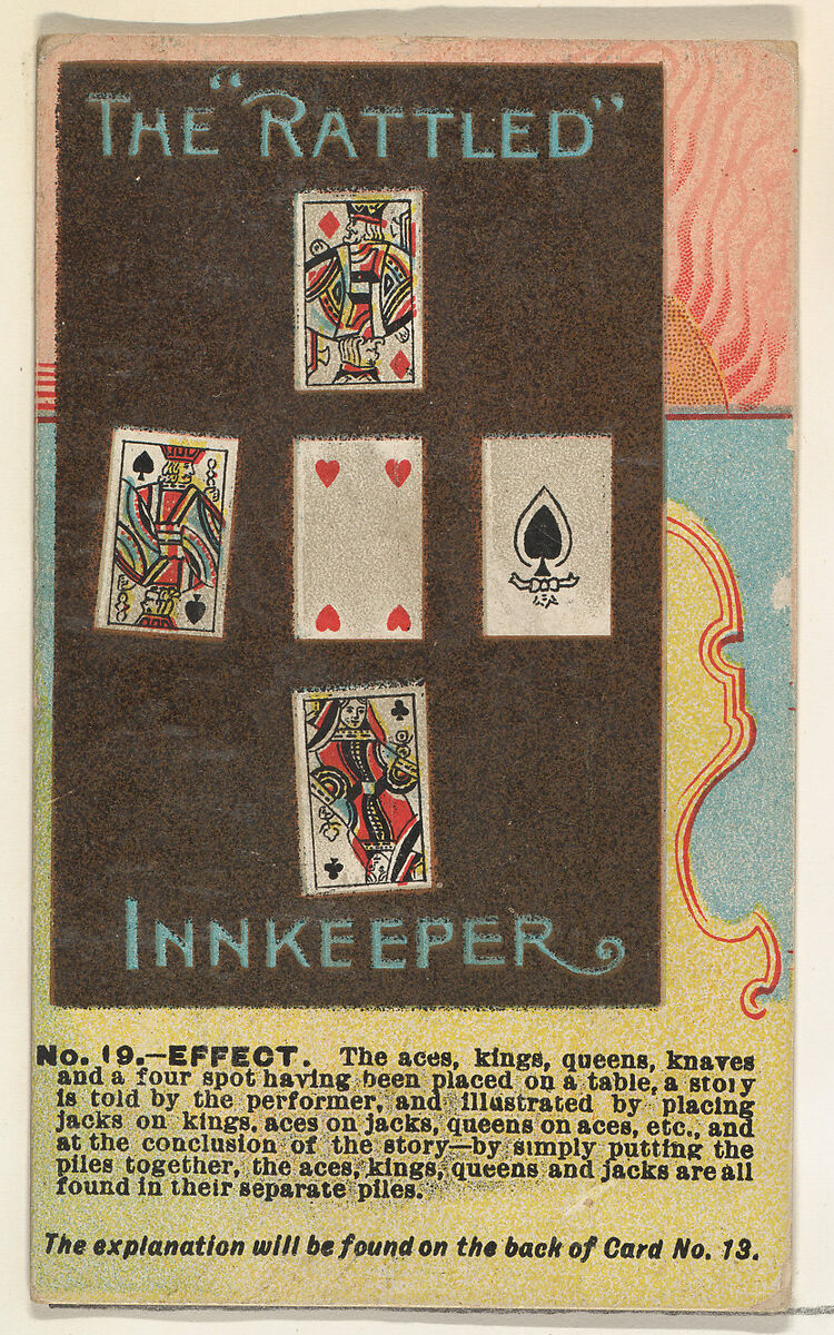 Number 19, The Rattled Innkeeper, from the Tricks with Cards series (N138) issued by W. Duke, Sons & Co. to promote Honest Long Cut Tobacco, Issued by W. Duke, Sons &amp; Co. (New York and Durham, N.C.), Commercial color lithograph 