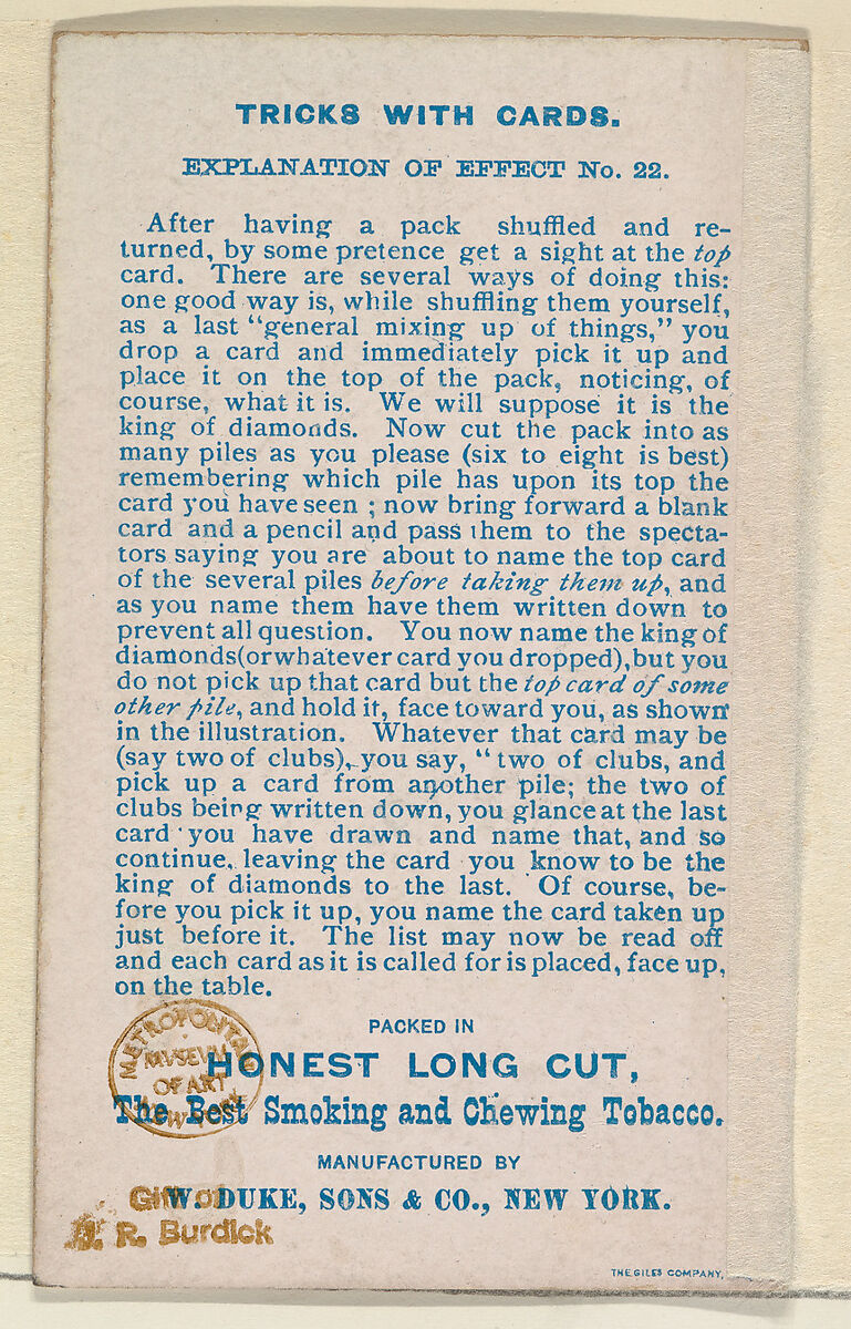 Number 20, Mysterious Confederacy, from the Tricks with Cards series (N138) issued by W. Duke, Sons & Co. to promote Honest Long Cut Tobacco, Issued by W. Duke, Sons &amp; Co. (New York and Durham, N.C.), Commercial color lithograph