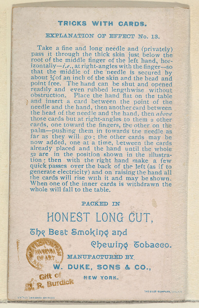 Number 21, Clairvoyance, from the Tricks with Cards series (N138) issued by W. Duke, Sons & Co. to promote Honest Long Cut Tobacco, Issued by W. Duke, Sons &amp; Co. (New York and Durham, N.C.), Commercial color lithograph
