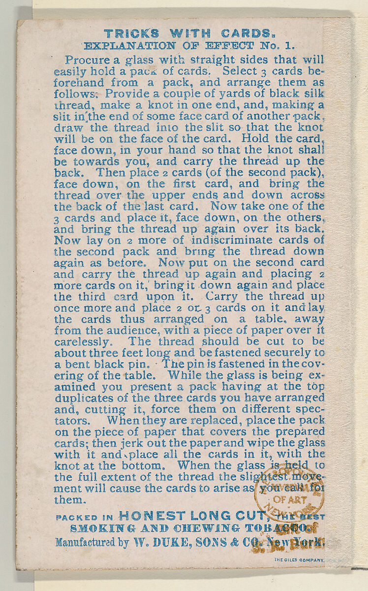 Number 22, A Penetrative Eye, from the Tricks with Cards series (N138) issued by W. Duke, Sons & Co. to promote Honest Long Cut Tobacco, Issued by W. Duke, Sons &amp; Co. (New York and Durham, N.C.), Commercial color lithograph