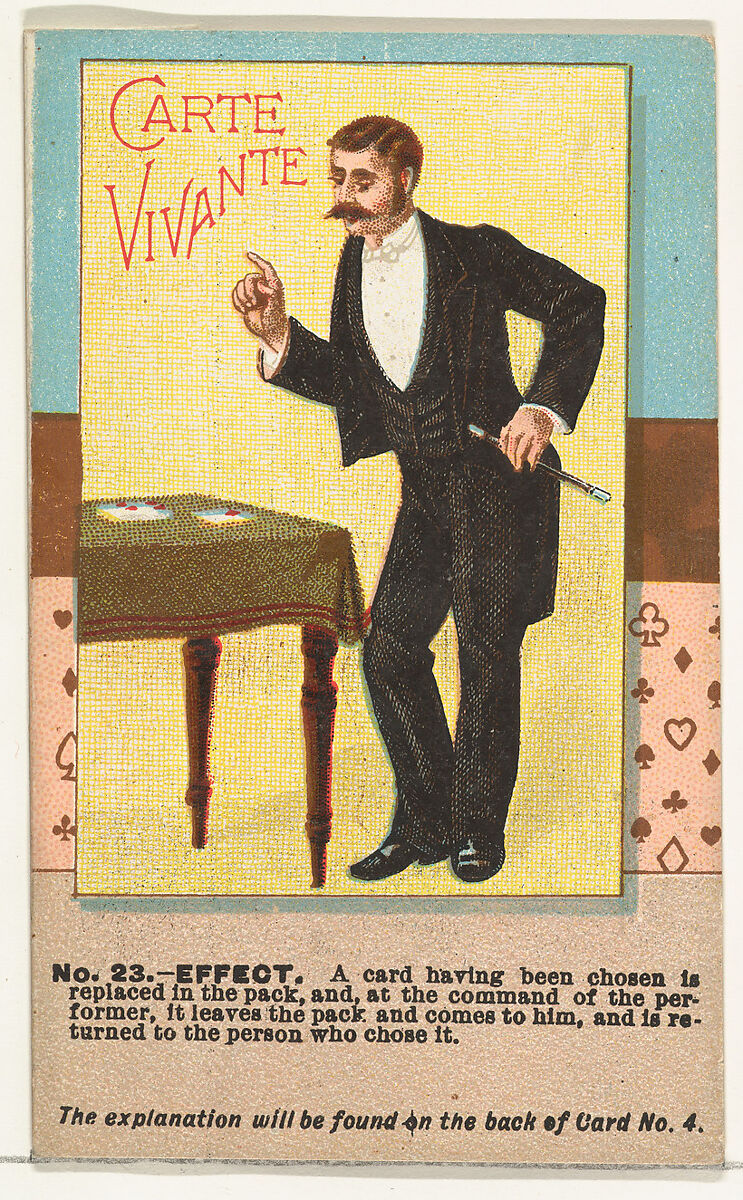 Number 23, Carte Vivante, from the Tricks with Cards series (N138) issued by W. Duke, Sons & Co. to promote Honest Long Cut Tobacco, Issued by W. Duke, Sons &amp; Co. (New York and Durham, N.C.), Commercial color lithograph 