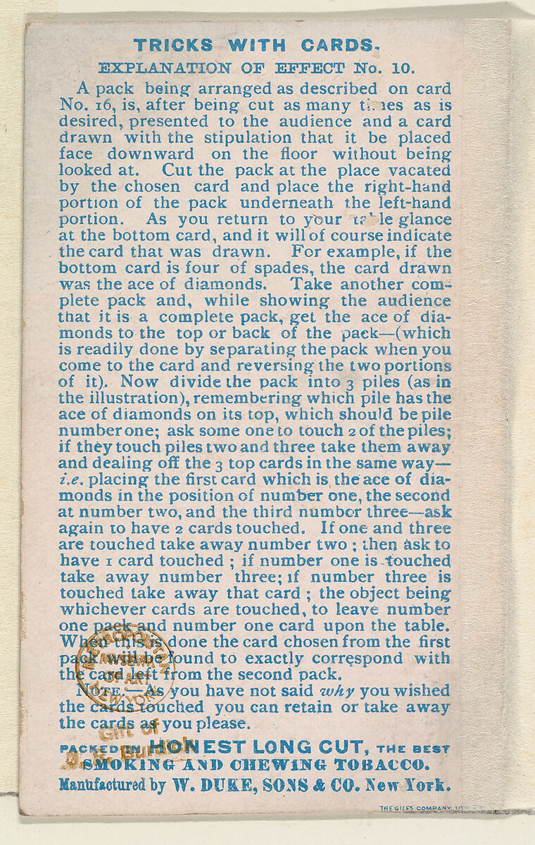 Number 23, Carte Vivante, from the Tricks with Cards series (N138) issued by W. Duke, Sons & Co. to promote Honest Long Cut Tobacco, Issued by W. Duke, Sons &amp; Co. (New York and Durham, N.C.), Commercial color lithograph