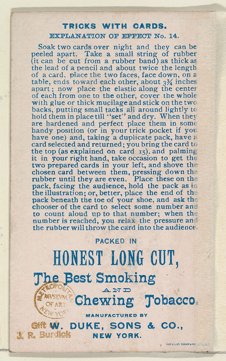 Number 24, Metempsychosis, from the Tricks with Cards series (N138) issued by W. Duke, Sons & Co. to promote Honest Long Cut Tobacco, Issued by W. Duke, Sons &amp; Co. (New York and Durham, N.C.), Commercial color lithograph