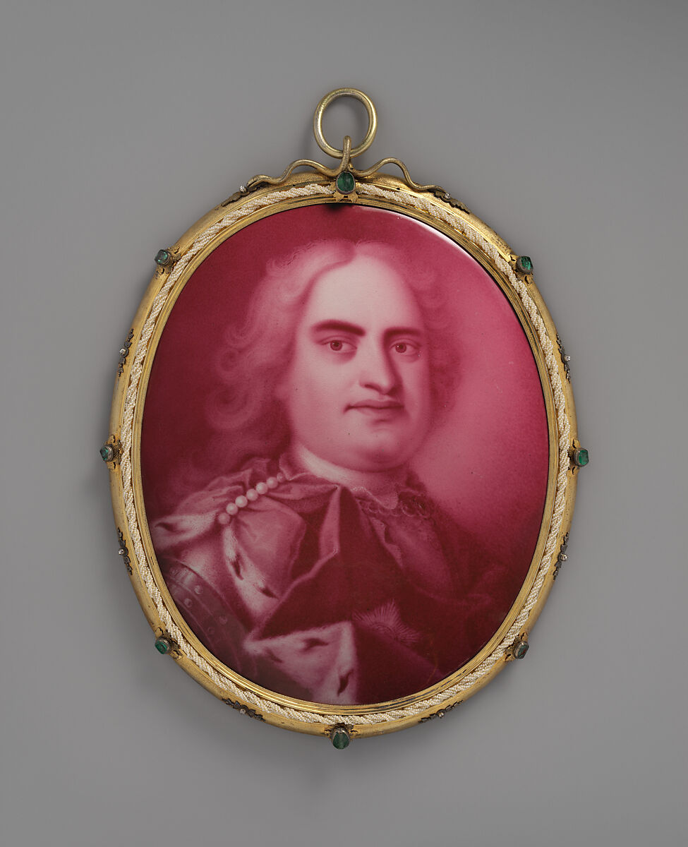 Portrait of Augustus II, Elector of Saxony, King of Poland, and Grand Duke of Lithuania, Attributed to Georg Friedrich Dinglinger (German, 1666–1720), Enamel on copper; silver partially gilt frame set with diamonds, emeralds, and fresh-water-pearls, German, Dresden 