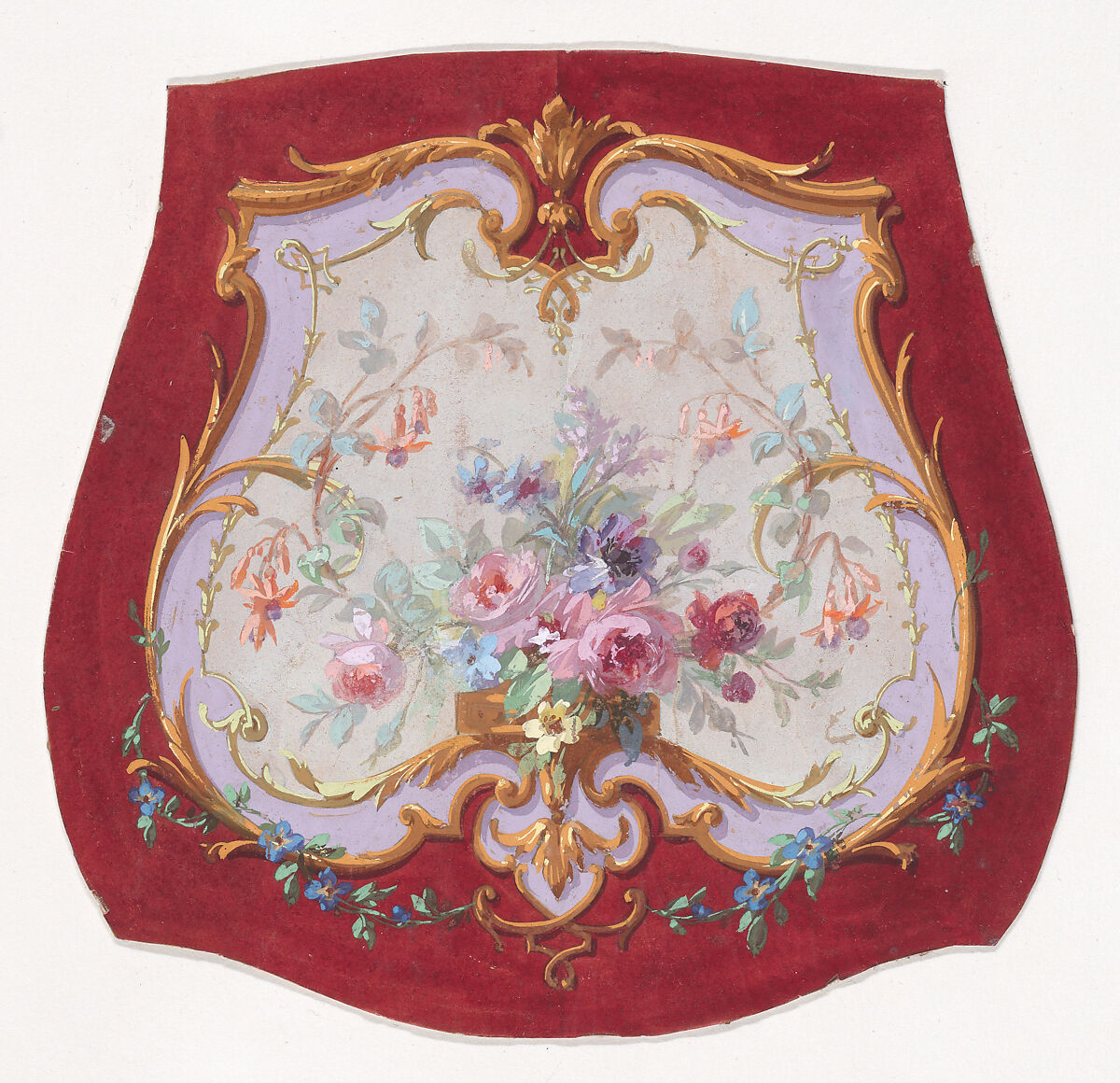 Design for a Chair Seat Cover with Floral Motifs, Anonymous, French, 19th century, Watercolor 