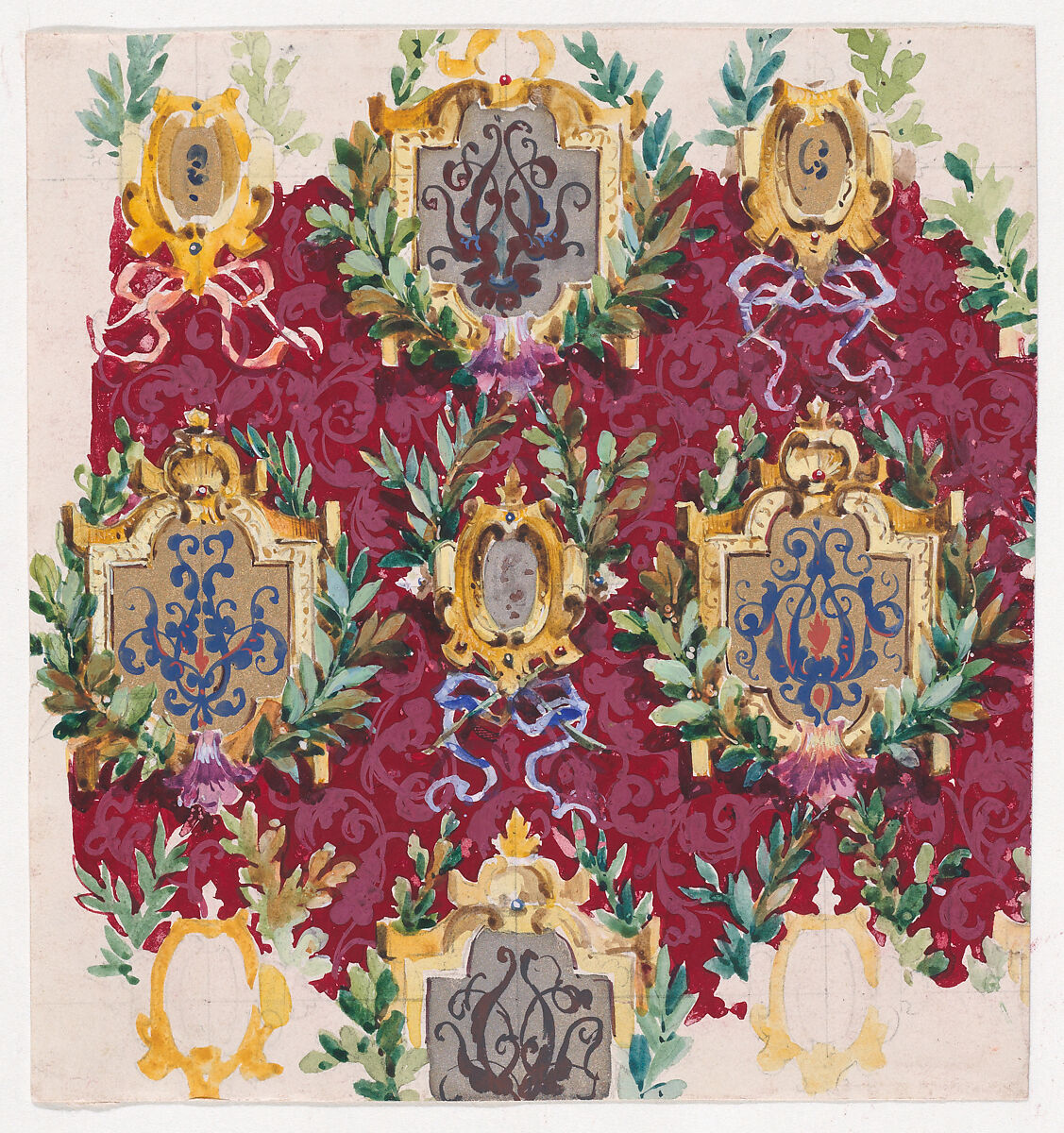 Design for Wallpaper with Alternating Vertical Rows of Pairs of Ornamental Frames of Two Sizes Framed by Interlacing Garlands of Laurel Leaves Tied by a Bow, Anonymous, French, 19th century, Graphite and Watercolor 