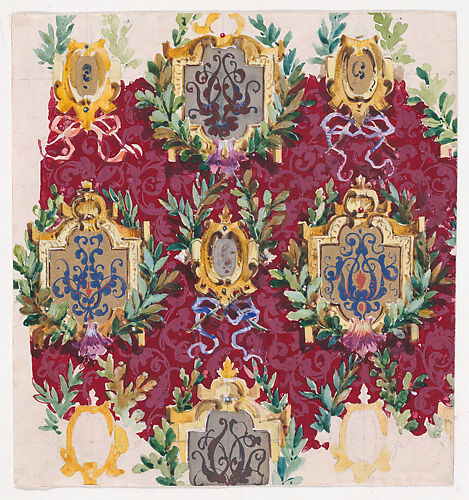 Design for Wallpaper with Alternating Vertical Rows of Pairs of Ornamental Frames of Two Sizes Framed by Interlacing Garlands of Laurel Leaves Tied by a Bow