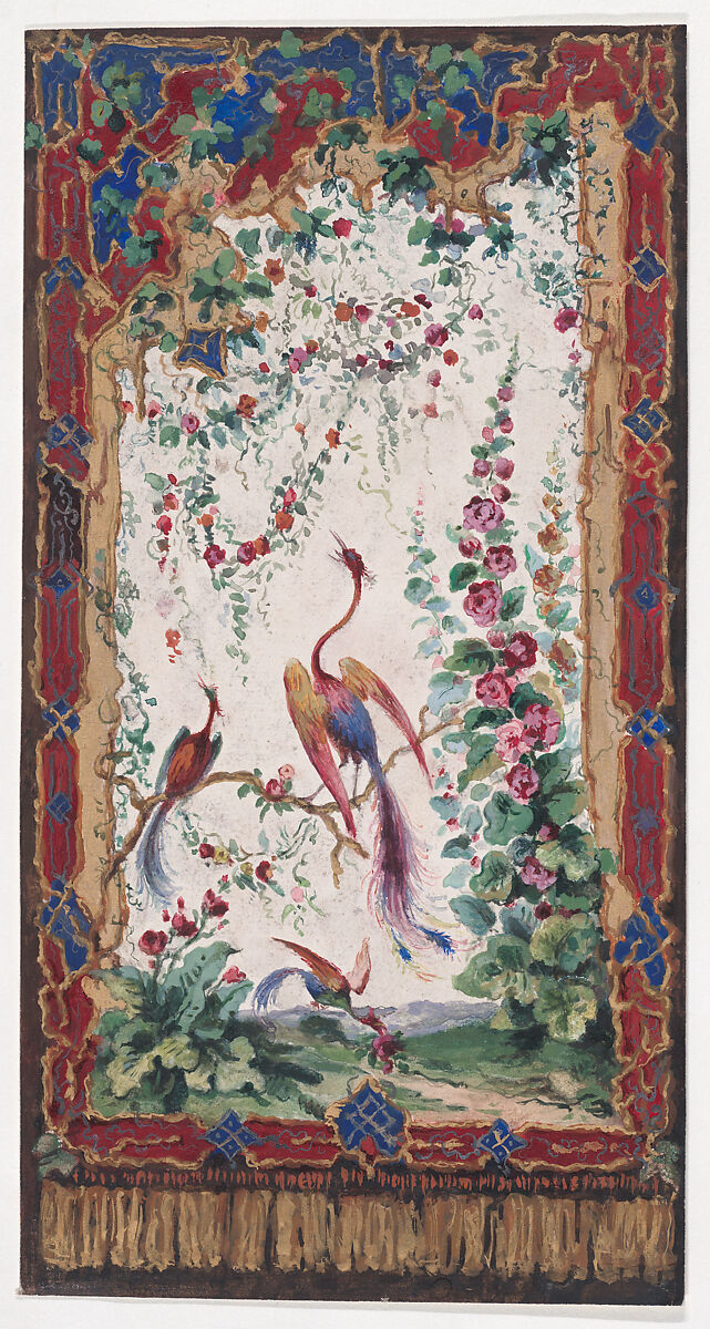 Design for Wallpaper or Panel (?) with an Orientalist Motif with Three Phoenix-Like Exotic Birds with Colorful Feathers and a Flowering Tree within an Ornamental Frame with Tassels Resembling a Tapestry, Anonymous, French, 19th century, Watercolor 
