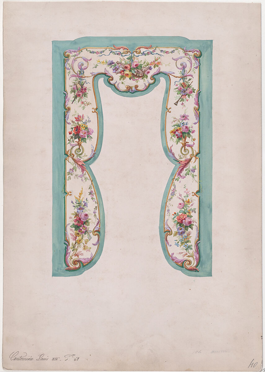 Design for a Valance with Bundles and Garlands of Flowers and Musical Instruments, Anonymous, French, 19th century, Watercolor 