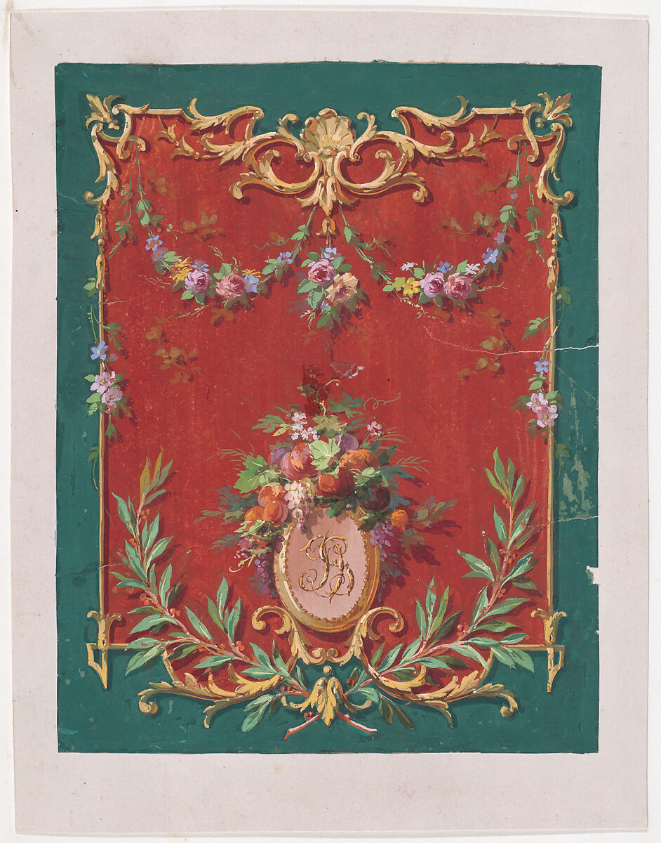 Design for a Panel or Wallpaper (?) with an Ornamental Frame with Scrolls and a Shell Decorated with Garlands and Bundles of Flowers and Fruits and a Monogrammed Oval Frame, Anonymous, French, 19th century, Watercolor 