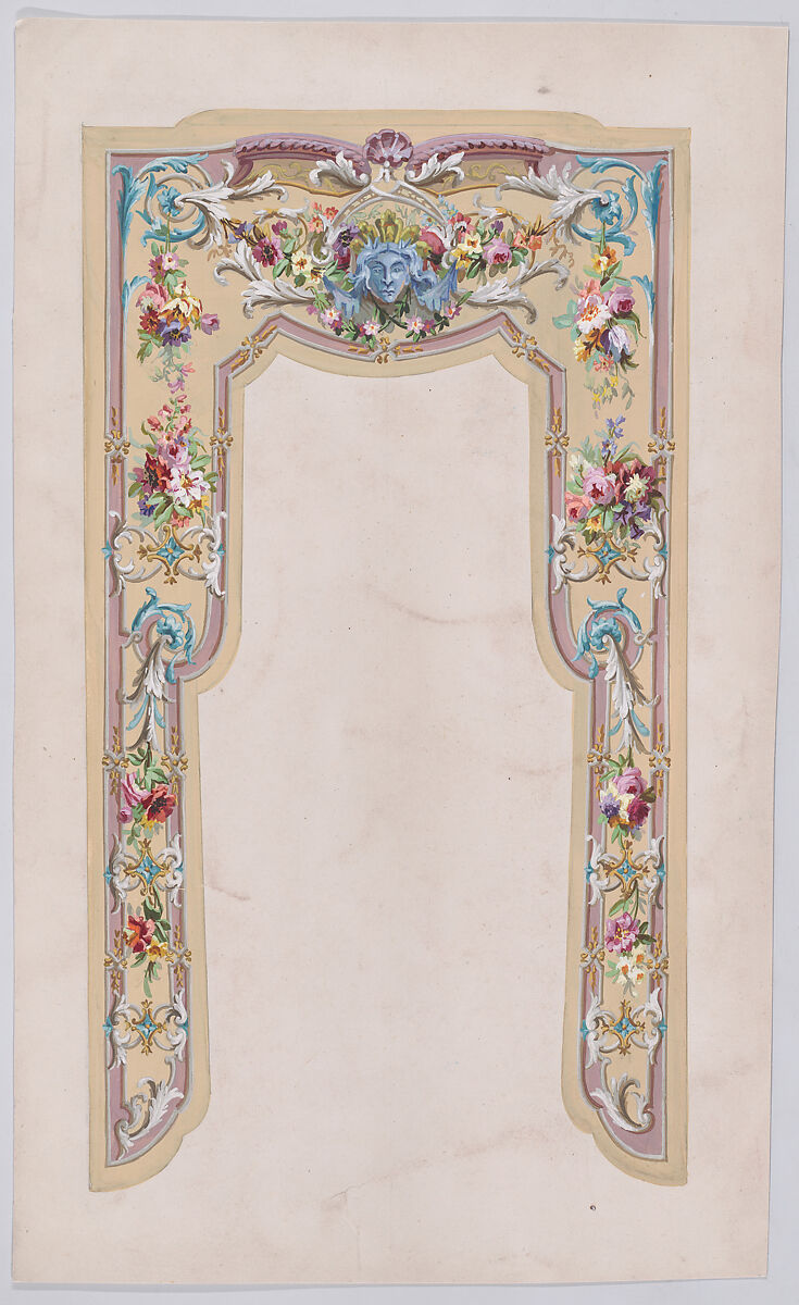 Design for a Valance with a Grotesque Motif and Thin Garlands of Flowers and Leaves with a Scrolling Frame, Anonymous, French, 19th century, Watercolor 
