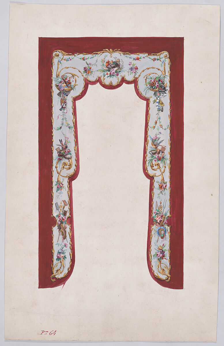 Design for a Valance with Bundles and Garlands of Flowers and Leaves Decorated with Gardening Tools upon which Small Birds Rest, Anonymous, French, 19th century, Watercolor 