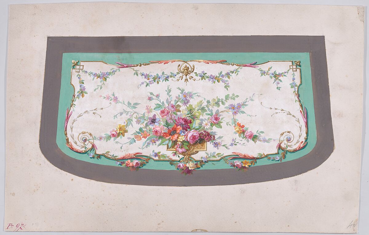 Design for a Sofa Seat Cover (?) with an Ornamental Frame Containing a Vase with a Large Bundle of Flowers and Leaves and Decorated with Acanthus Leaves and Two Fleurs de Lys, Anonymous, French, 19th century, Watercolor 