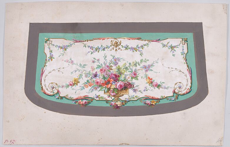 Design for a Sofa Seat Cover (?) with an Ornamental Frame Containing a Vase with a Large Bundle of Flowers and Leaves and Decorated with Acanthus Leaves and Two Fleurs de Lys