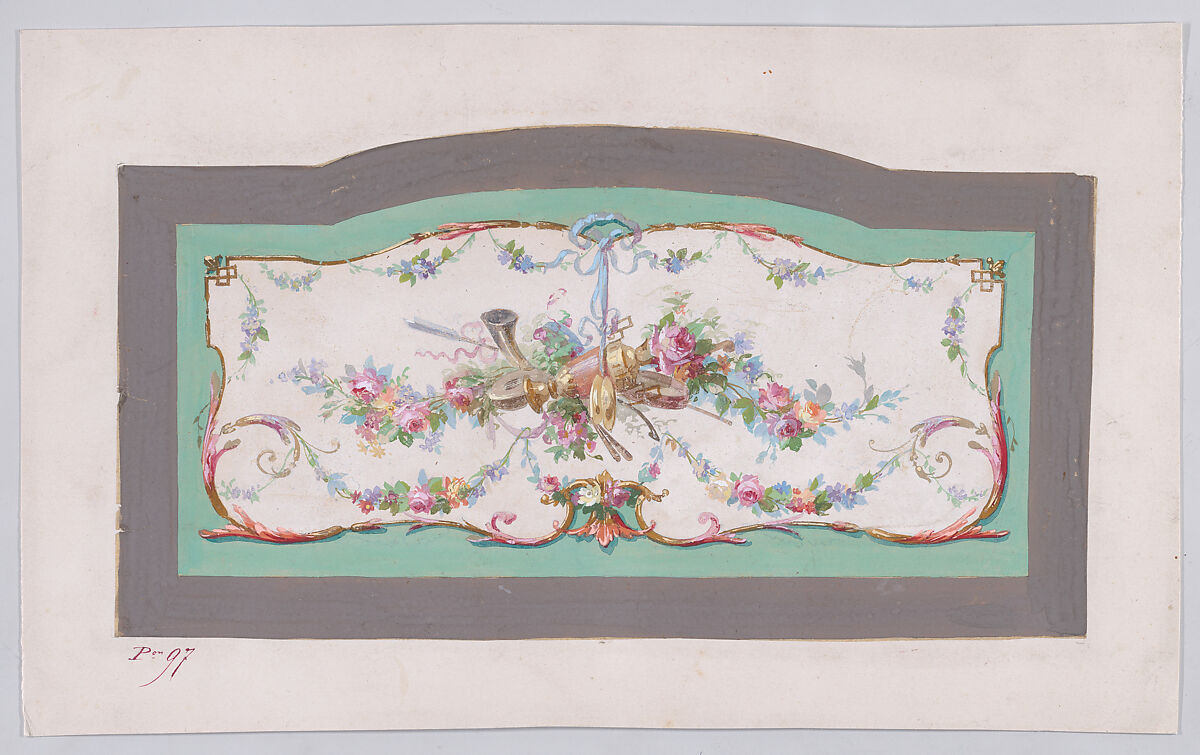 Design for a Sofa Back Cover (?) with an Ornamental Frame Containing a Large Horizontal Garland of Flowers and Leaves with Musical Instruments and a Vase, Decorated with Acanthus Leaves and Two Fleurs de Lys, Anonymous, French, 19th century, Watercolor 