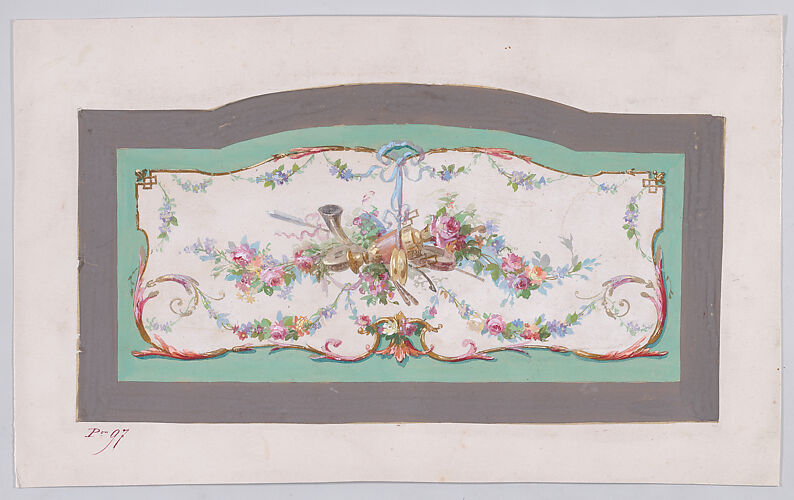 Design for a Sofa Back Cover (?) with an Ornamental Frame Containing a Large Horizontal Garland of Flowers and Leaves with Musical Instruments and a Vase, Decorated with Acanthus Leaves and Two Fleurs de Lys