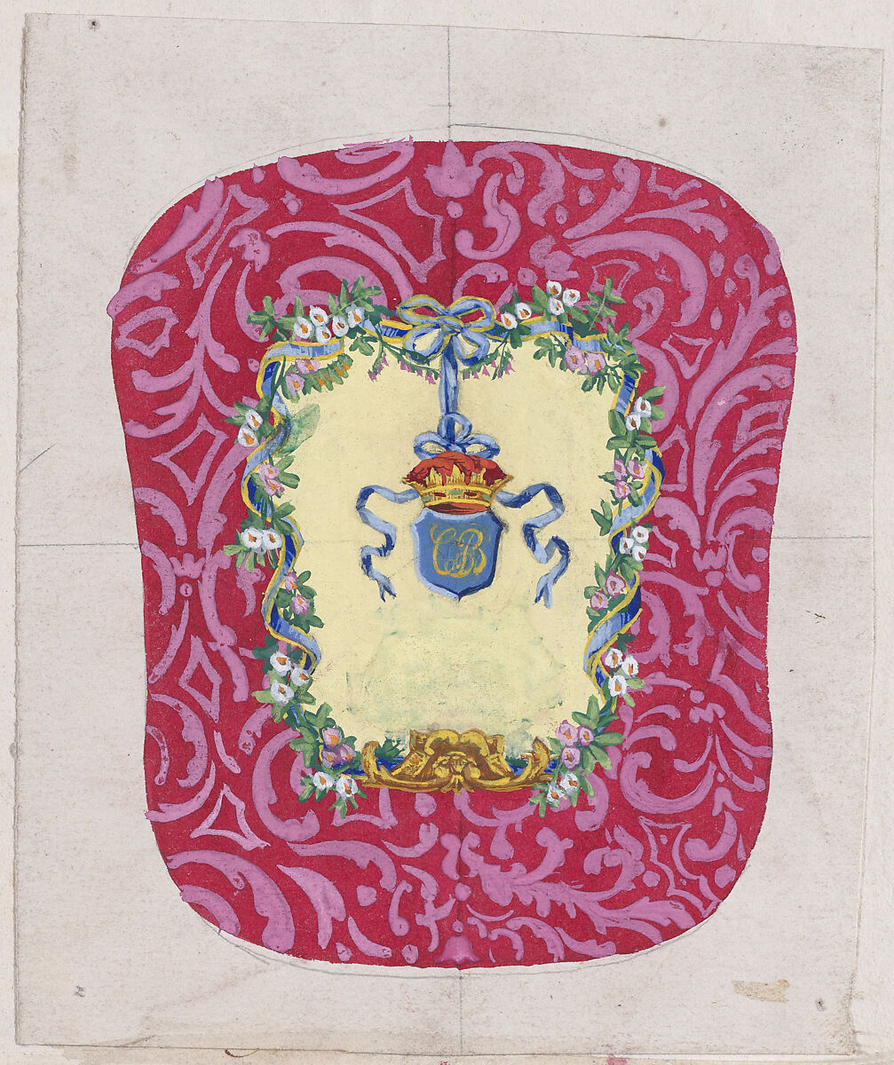 Design for a Chair Back Cover with an Ornamental Frame Formed by a Garland of Leaves and Flowers with an Interlacing Ribbon that Forms a Bow from which a Crown Motif with a Monogram Hangs, Anonymous, French, 19th century, Watercolor 