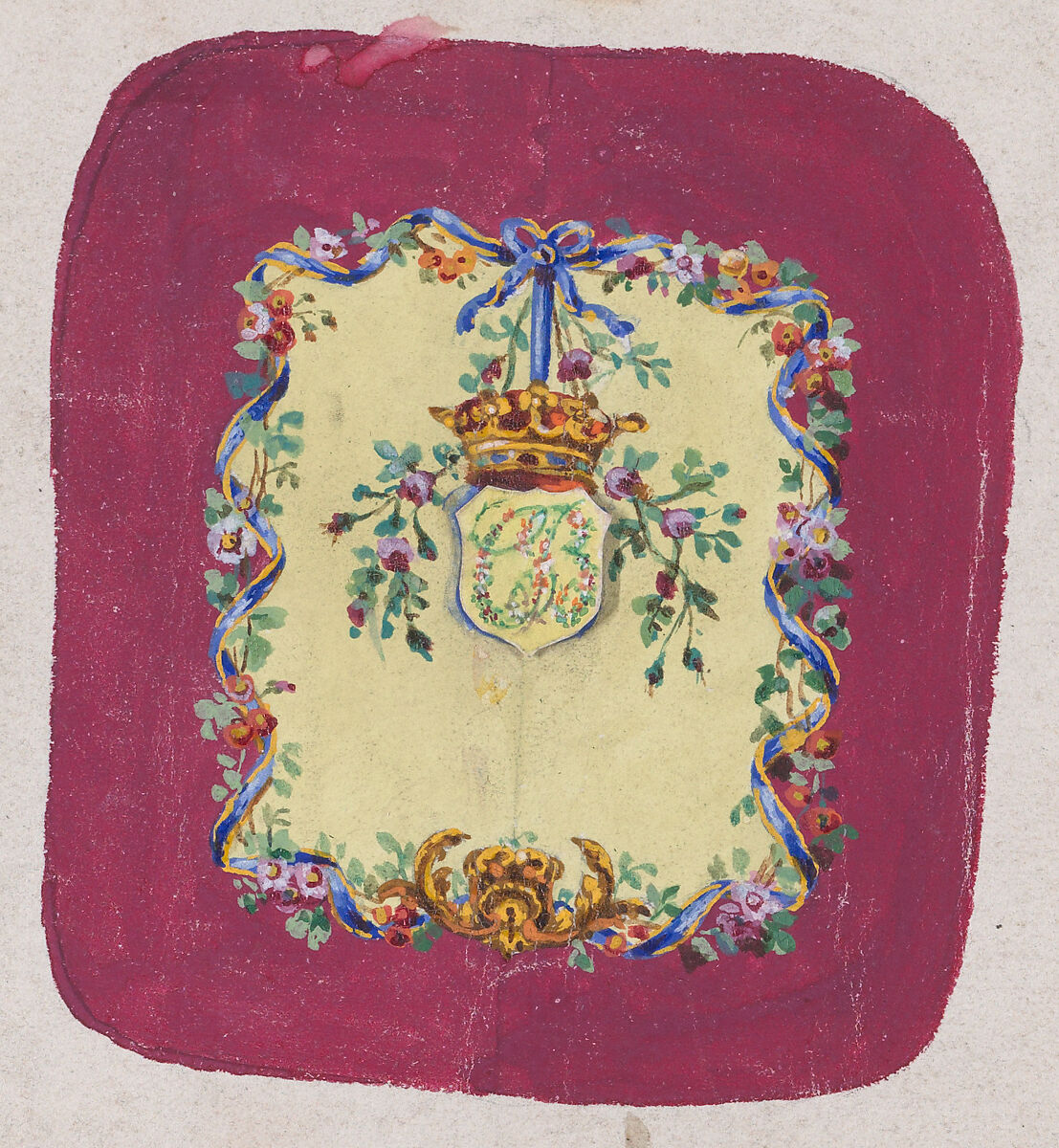 Design for a Chair Back Cover with an Ornamental Frame Formed by a Garland of Leaves and Flowers with an Interlacing Ribbon that Forms a Bow from which a Crown Motif with Monogram Hangs, Anonymous, French, 19th century, Watercolor 