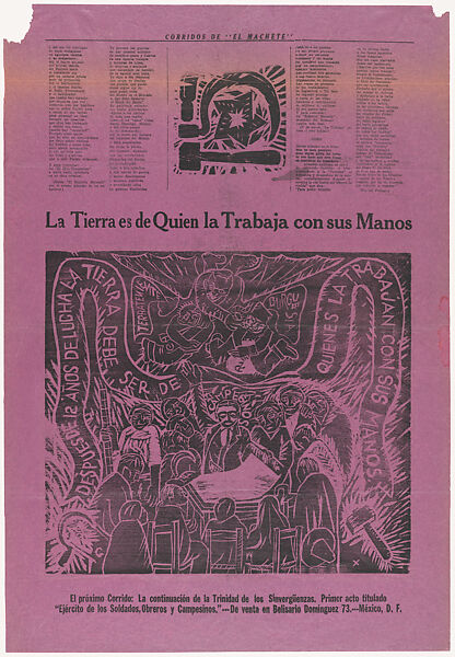 Corridos de El Machete: the earth belongs to those who work with their hands (sheet 2 of 2), Xavier Guerrero (Mexican, 1896–1974), Woodcut and letterpress printed on purple paper 