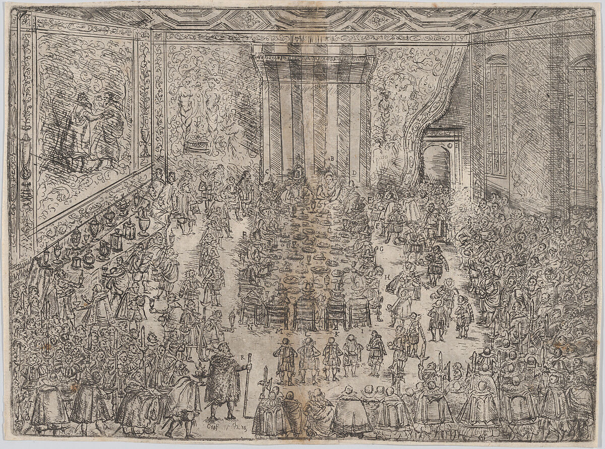 The Princely Meal (Die Fürstliche Mahlzeit), from a series depicting the wedding of Wolfgang Wilhelm, Duke of Pfalz-Neuberg, Pfalzgraf, and Magdalena, Duchess of Bavaria, in Munich, 1613 (Plate 7), Wilhelm Peter Zimmermann (German, active Augsburg from 1589, died ca. 1630), Etching 