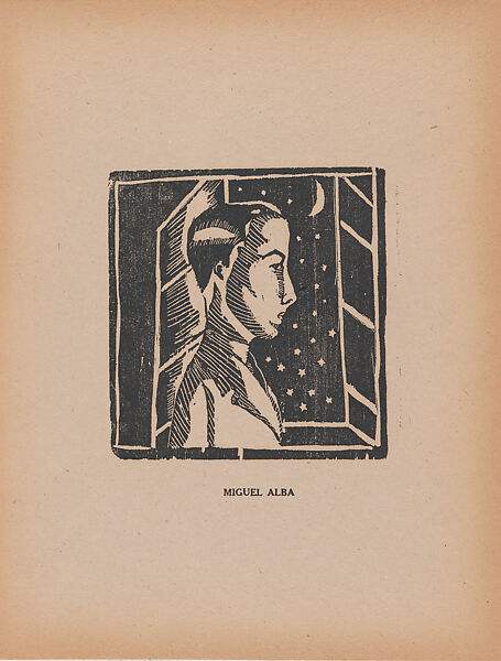 A young man in profile facing right before a window through which we see stars and the moon, from the portfolio 'Los pequeños grabadores en madera, alumnos de la Escuela Preparatoria de Jalisco' (Guadalajara, Mexico 1925)., Miguel Alba (Mexican, active 1920s), Woodcut 