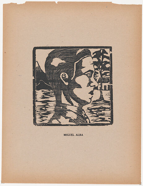 A young man facing right before a landscape, from the portfolio 'Los pequeños grabadores en madera, alumnos de la Escuela Preparatoria de Jalisco' (Guadalajara, Mexico 1925)., Miguel Alba (Mexican, active 1920s), Woodcut 