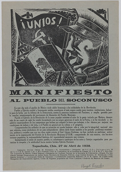 Flyer relating to a Manifesto of the town of Soconusco, image upper centre of a soldier with a Mexican flag, Angel Bracho (Mexican, Mexico City 1911–2005), Linocut, letterpress on green paper, backed with linen 