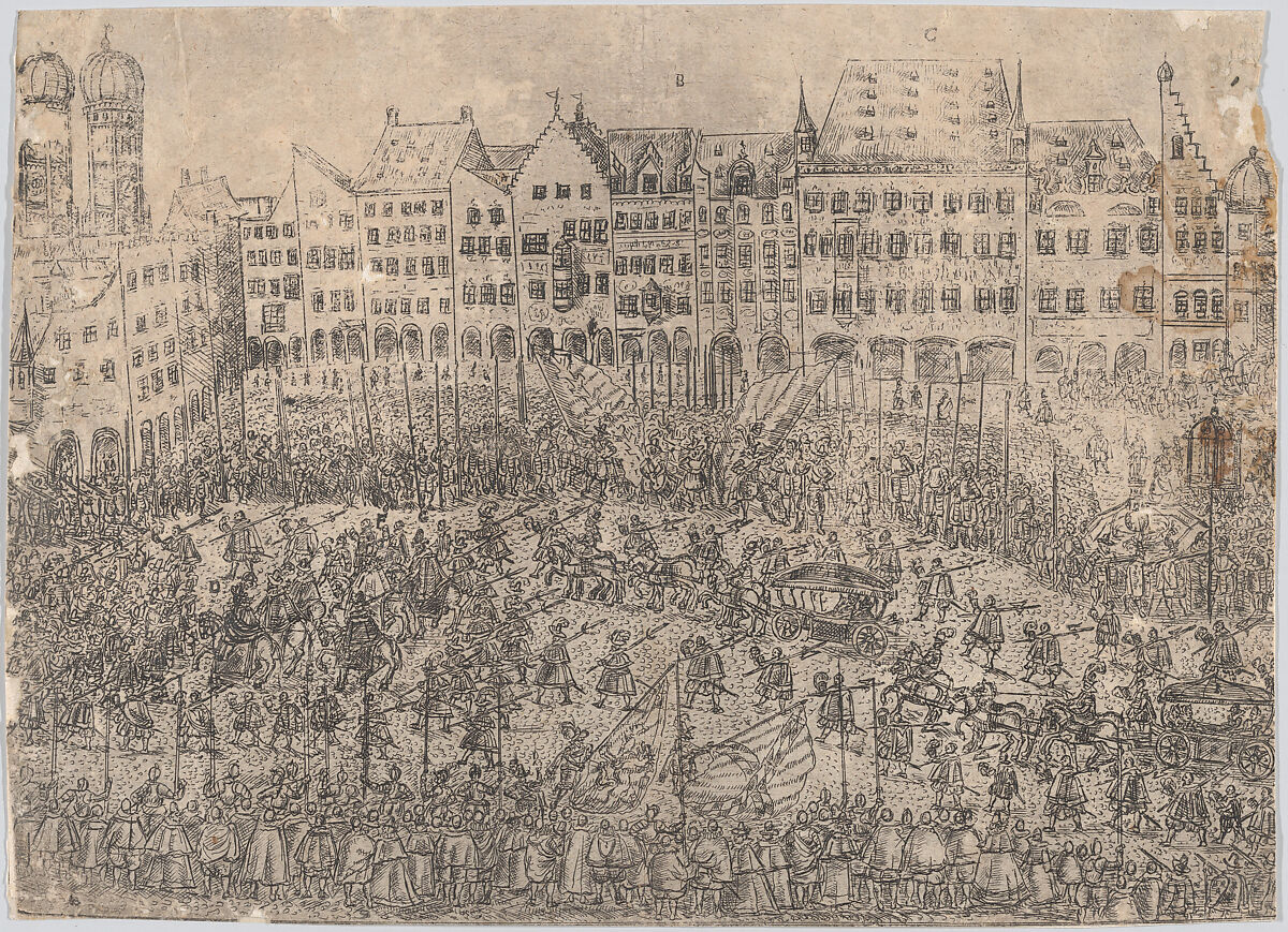 How one entered the church (Folgt wie man zur Kirchen gangen), from a series depicting the wedding of Wolfgang Wilhelm, Duke of Pfalz-Neuberg, Pfalzgraf, and Magdalena, Duchess of Bavaria, in Munich, 1613 (Plate 4), Wilhelm Peter Zimmermann (German, active Augsburg from 1589, died ca. 1630), Etching 