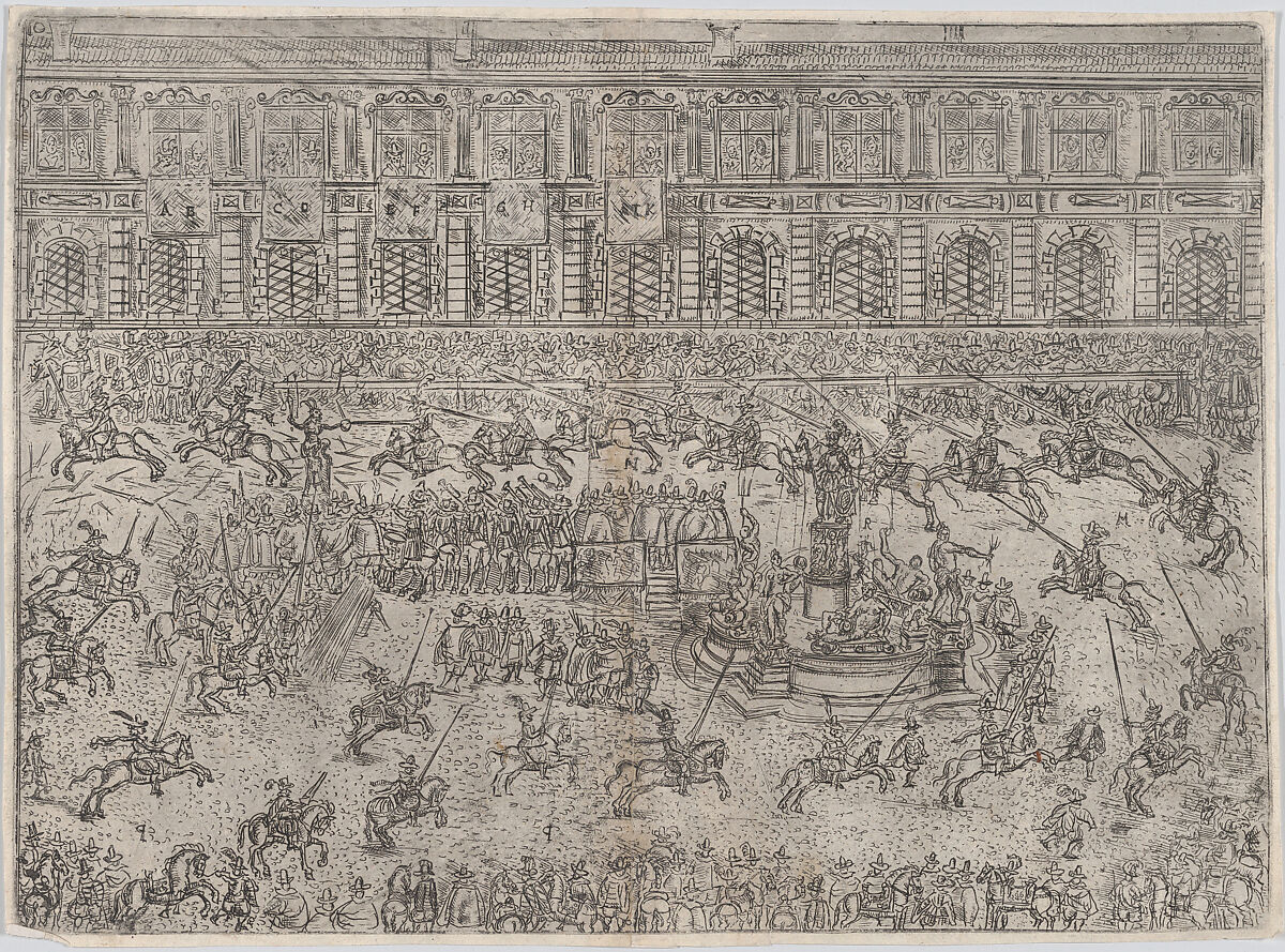 The running of the Quintana and the breaking of the spears (Zu der Quintana rennen und Spiess brechen), from a series depicting the wedding of Wolfgang Wilhelm, Duke of Pfalz-Neuberg, Pfalzgraf, and Magdalena, Duchess of Bavaria, in Munich, 1613 (Plate 10), Wilhelm Peter Zimmermann (German, active Augsburg from 1589, died ca. 1630), Etching 