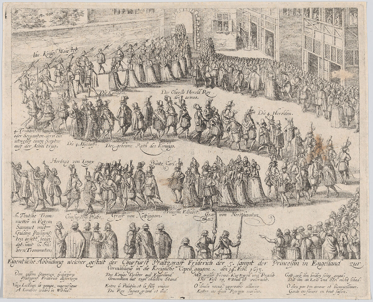 Marriage procession for the wedding of Elizabeth Stuart, daughter of James I, and Frederick V, Elector Palatine, 14 February, 1613, Possibly by Abraham Hogenberg (German, Cologne 1579/90–after 1656 Cologne), Etching 