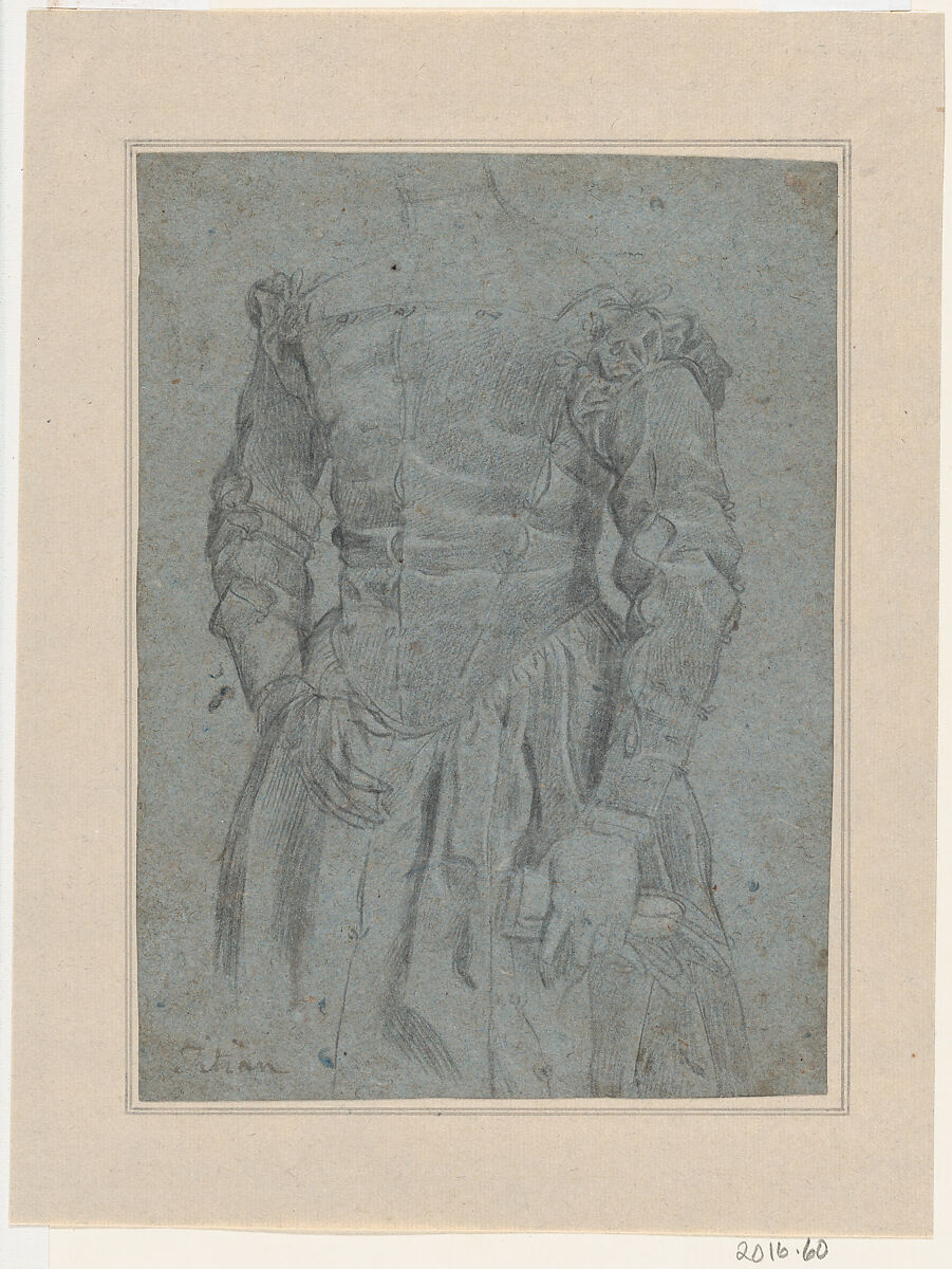 Study of a Woman’s Dress for a Portrait, Anonymous, Italian, Venetian, 16th century, Black chalk, with small traces of white chalk, on blue paper 