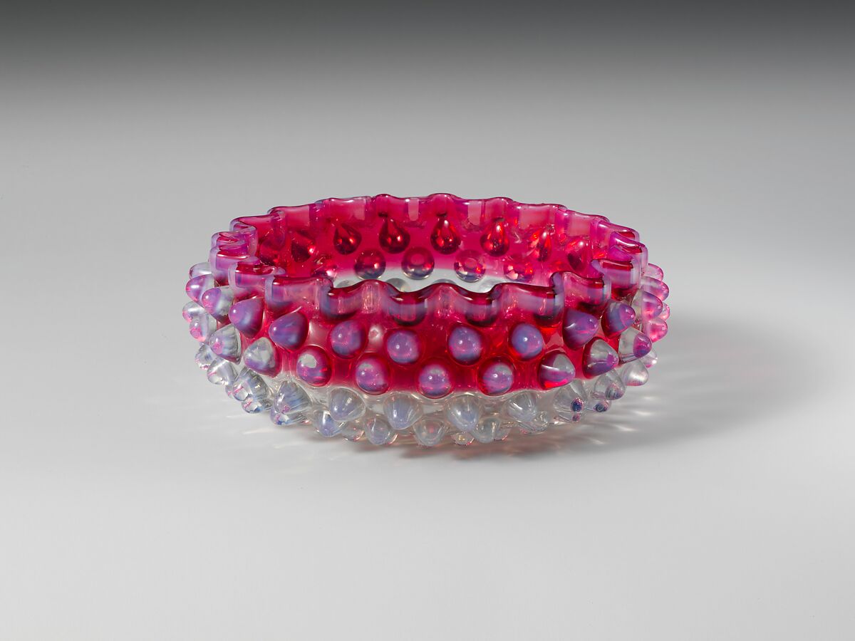 Hobnail Sauce Dish, Probably Hobbs, Brockunier and Company (1863–1891), Pressed colorless, cranberry and opalescent glass, American 