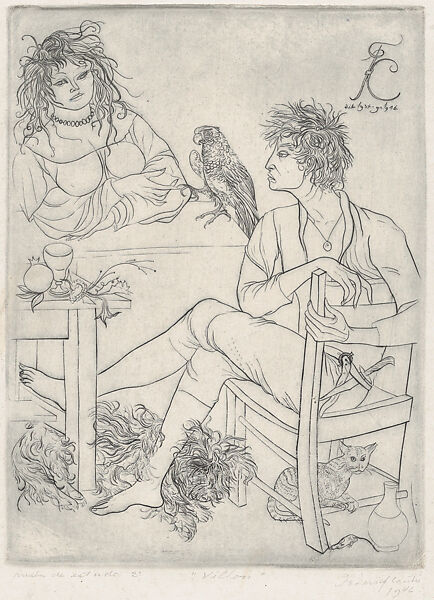 The poet François Villon seated before a table in the company of a cat, a woman and a bird of prey, Federico Cantù (Mexican, 1908–1989), Engraving 