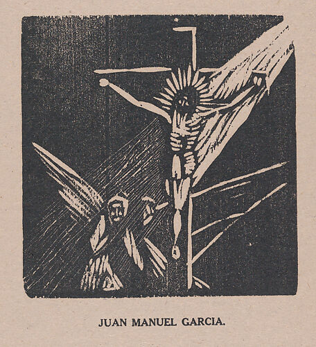 Christ on the Cross, an angel below, from the portfolio 'Los pequeños grabadores en madera, alumnos de la Escuela Preparatoria de Jalisco' (Guadalajara, Mexico 1925).