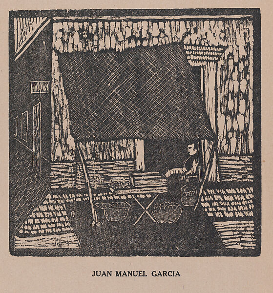 A man sitting in a doorway sheltered by an awning selling fruit from baskets, from the portfolio 'Los pequeños grabadores en madera, alumnos de la Escuela Preparatoria de Jalisco' (Guadalajara, Mexico 1925)., Juan Manuel García (Mexican, active 1920s), Woodcut 