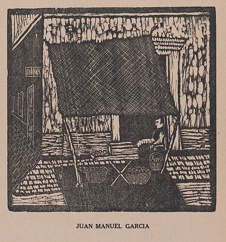 A man sitting in a doorway sheltered by an awning selling fruit from baskets, from the portfolio 'Los pequeños grabadores en madera, alumnos de la Escuela Preparatoria de Jalisco' (Guadalajara, Mexico 1925).