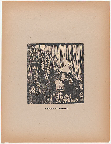 Figures praying by a cemetary or roadside shrine, from the portfolio 'Los pequeños grabadores en madera, alumnos de la Escuela Preparatoria de Jalisco' (Guadalajara, Mexico 1925)., Juan Manuel García (Mexican, active 1920s), Woodcut