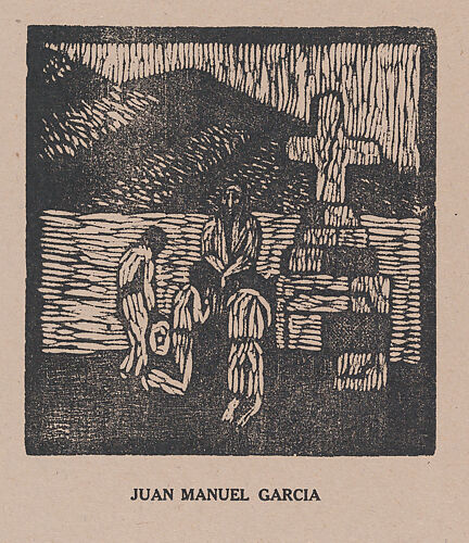 Figures praying by a cemetary or roadside shrine, from the portfolio 'Los pequeños grabadores en madera, alumnos de la Escuela Preparatoria de Jalisco' (Guadalajara, Mexico 1925).