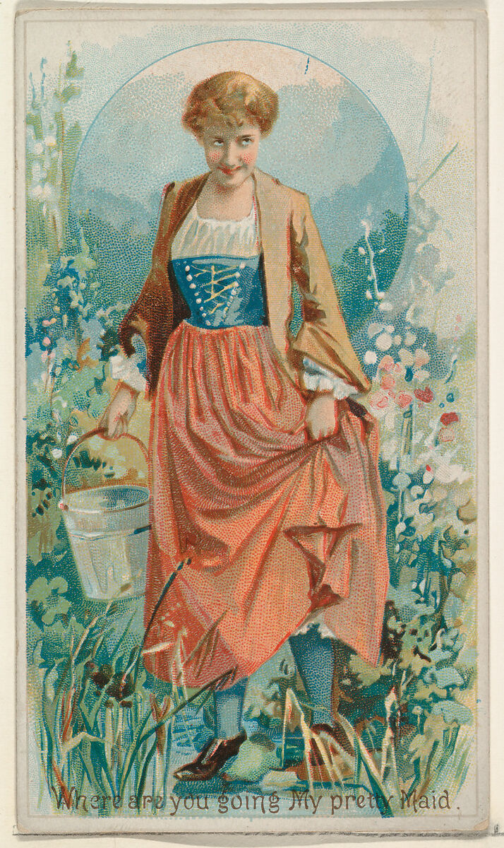 Where Are You Going My Pretty Maid, from the Illustrated Songs series (N116) issued by W. Duke, Sons & Co. to promote Honest Long Cut Tobacco, Issued by W. Duke, Sons &amp; Co. (New York and Durham, N.C.), Commercial color lithograph 