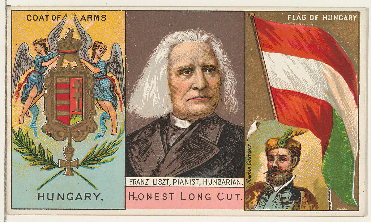 Franz Liszt, Pianist, Hungarian, from the Rulers, Flags, and Coats of Arms series (N126-1) issued by W. Duke, Sons & Co., Issued by W. Duke, Sons &amp; Co. (New York and Durham, N.C.), Commercial color lithograph 