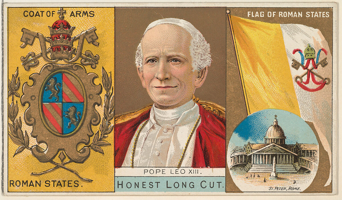 Pope Leo XIII, Roman States, from the Rulers, Flags, and Coats of Arms series (N126-1) issued by W. Duke, Sons & Co., Issued by W. Duke, Sons &amp; Co. (New York and Durham, N.C.), Commercial color lithograph 