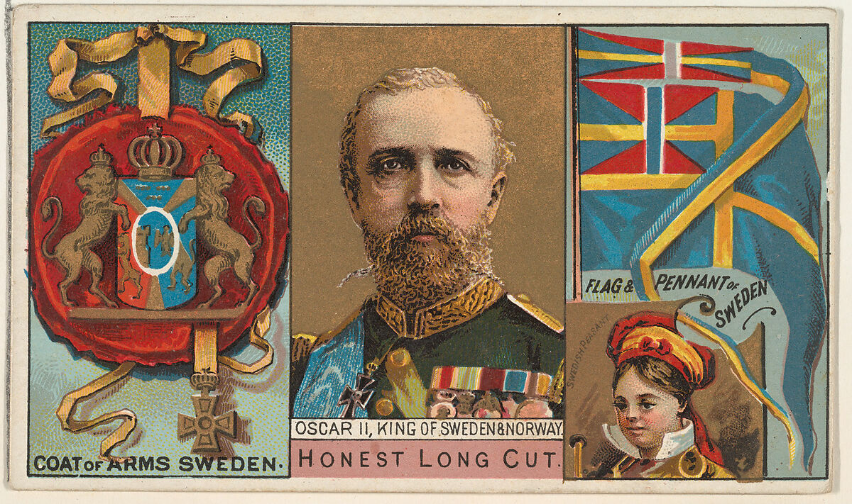 Oscar II, King of Sweden and Norway, from the Rulers, Flags, and Coats of Arms series (N126-1) issued by W. Duke, Sons & Co., Issued by W. Duke, Sons &amp; Co. (New York and Durham, N.C.), Commercial color lithograph 